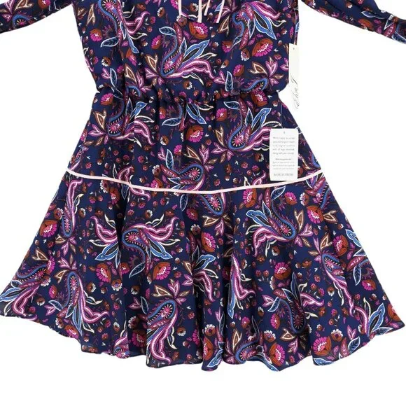 NWT ELIZA J Dress Navy Pink Paisley Floral Blouson Fit Flare Neck Tie Size 6P - Picture 4 of 10